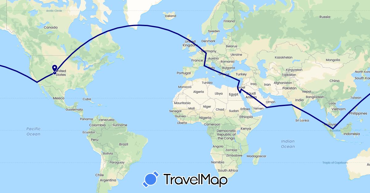 TravelMap itinerary: driving in Cyprus, Germany, Egypt, France, Greece, Israel, India, Italy, Jordan, Monaco, Oman, Singapore, United States (Africa, Asia, Europe, North America)